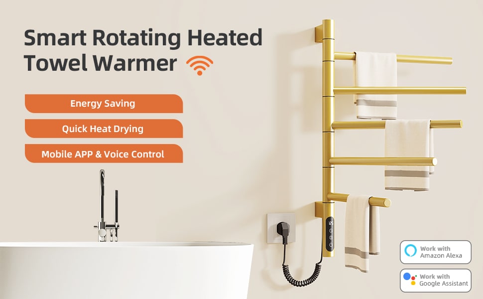 SIOYIE Smart Rotating Heated Towel Rack For Bathroom, Wall-Mounted Electric Towel Dryer With Swivel Bars, Smart Timer, Low Carbon Steel, IPX5, Plug-in/Hardwired, Towel Warmer With Wi-Fi App ControlW_voghion.com